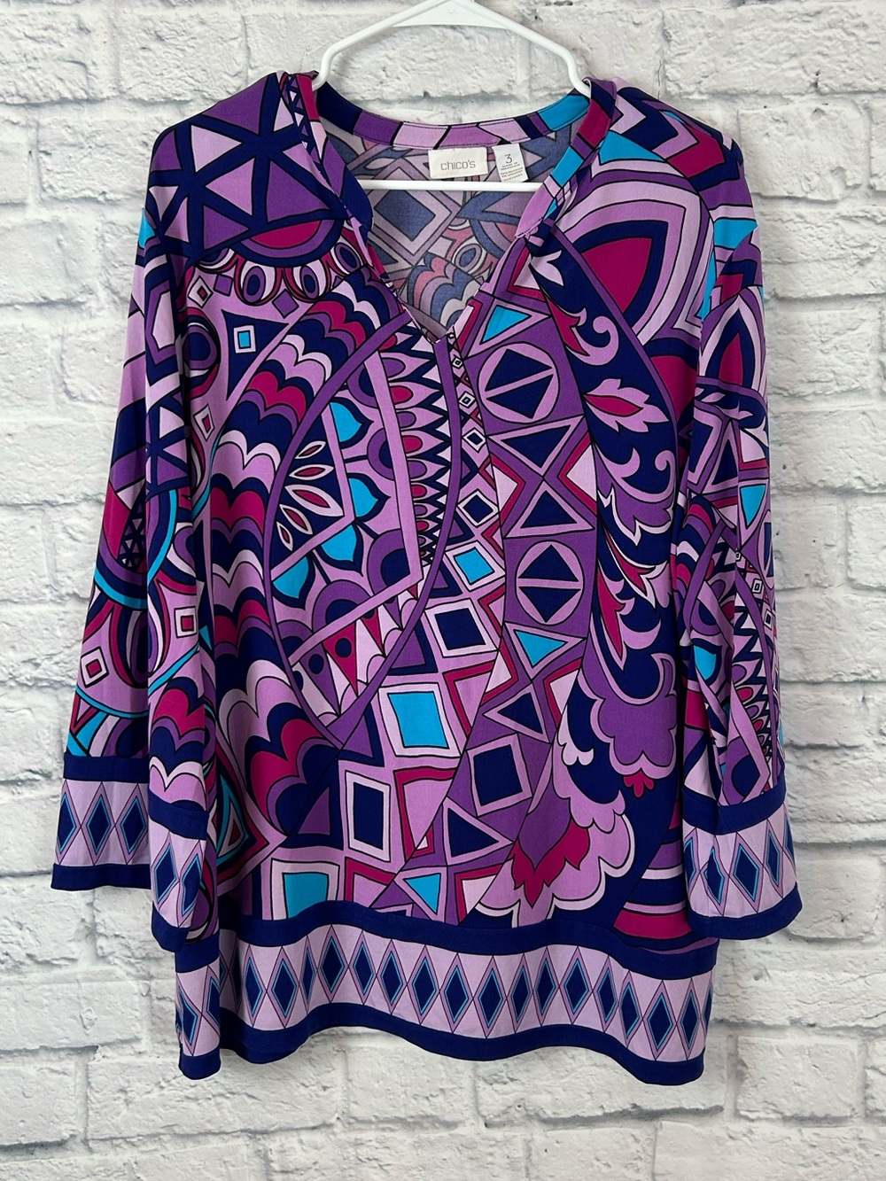 Chico’s Size 3 XL Purple Pink Geometric Paisley Print Stretch Tunic Top